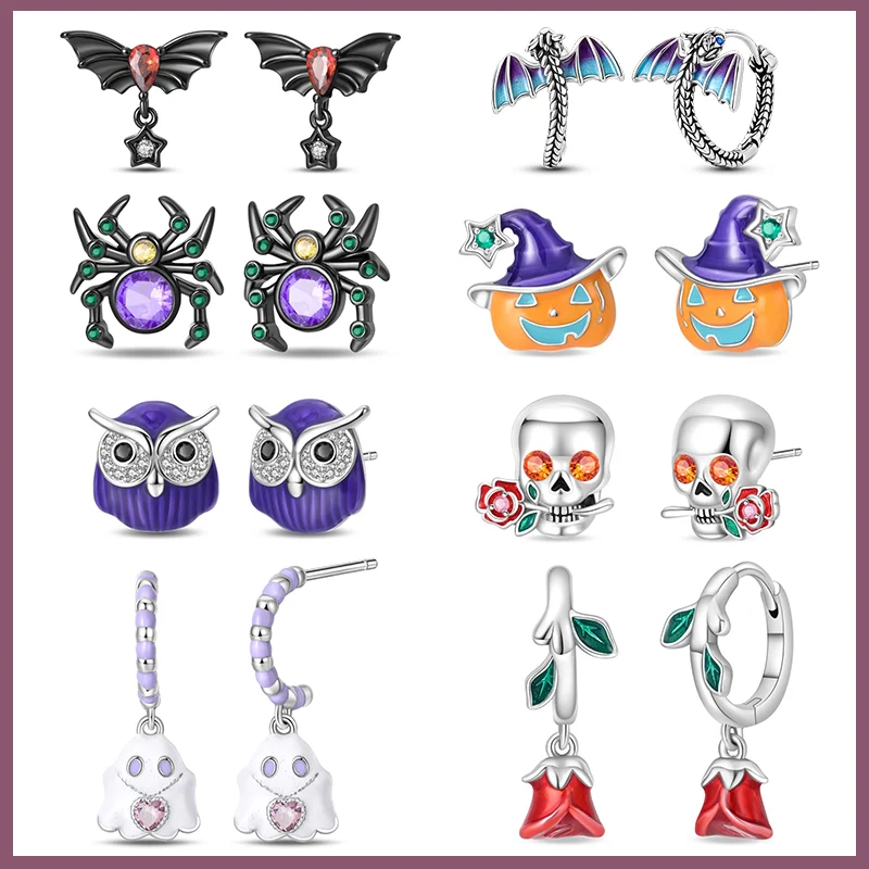 

New 925 sterling silver fashion Halloween pumpkin cute ghost bat spider earrings ladies fine party travel jewelry gift