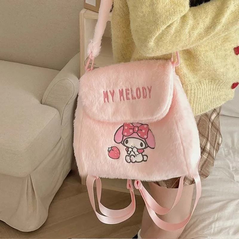 Xiuya Kuromi bolso de hombro de felpa para mujer lindo bordado pequeñas mochilas mullidas Casual Kawaii dibujos animados invierno nuevo bolso cruzado