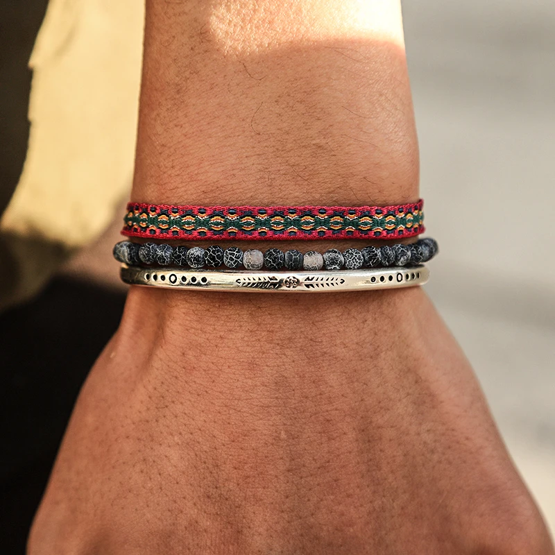 3Pcs/ Set  Adjustable 925 Silver Plated Bracelet Natural Stone Map Stone Beaded Tibetan Buddha Knot Rope For Men Jewelry Gift