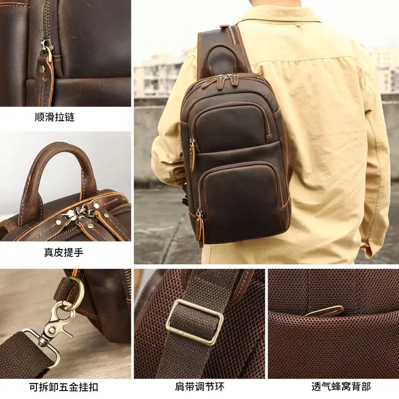 men's wild horse leather handbag with a crossbody strap is suitable for outdoor trips and features a retro leather chest bag