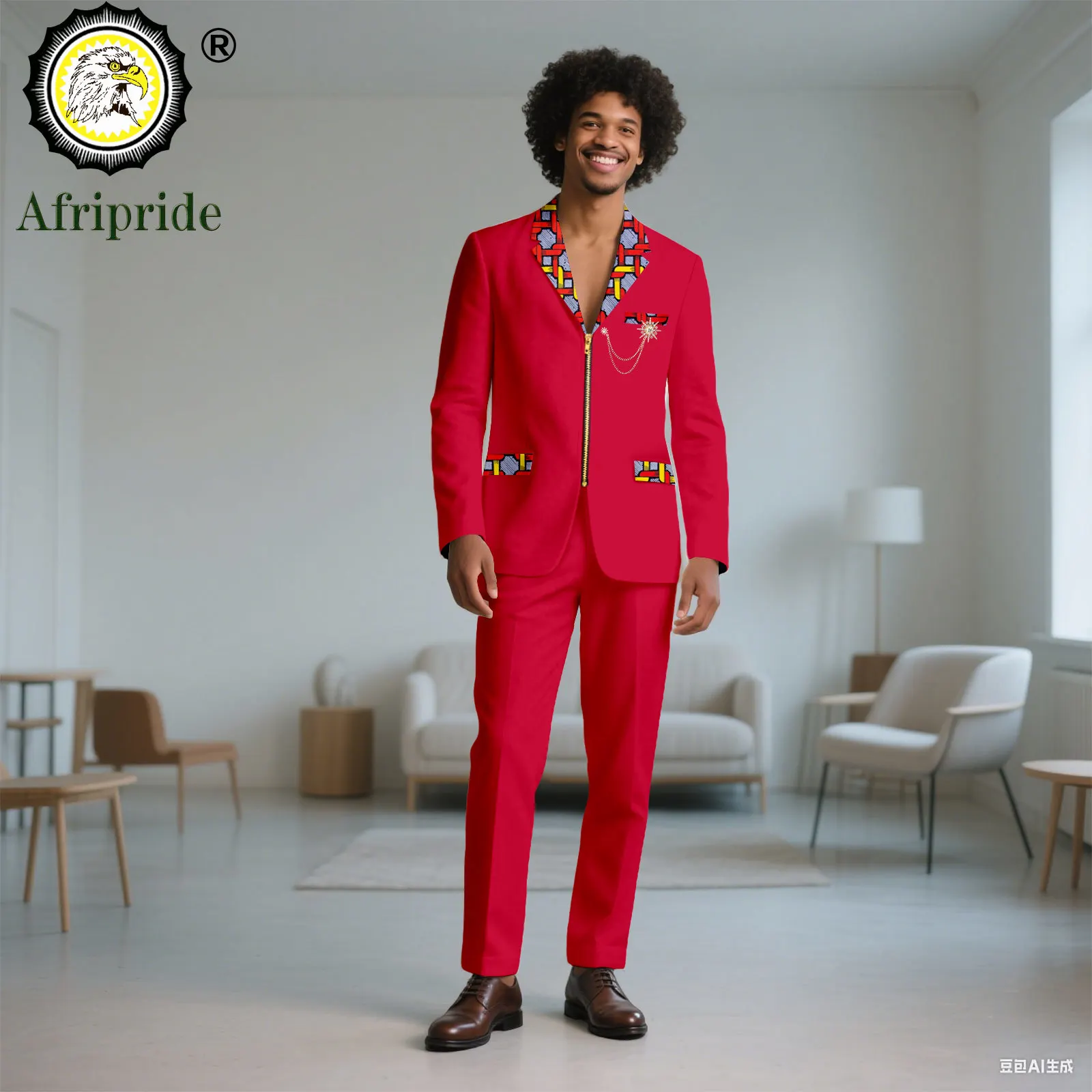 

Men`s Bussiness Suit Slim Fit Zip Print Blazer and Pants Set Formal Outfits African Clothes with Brooch for Wedding 2516071