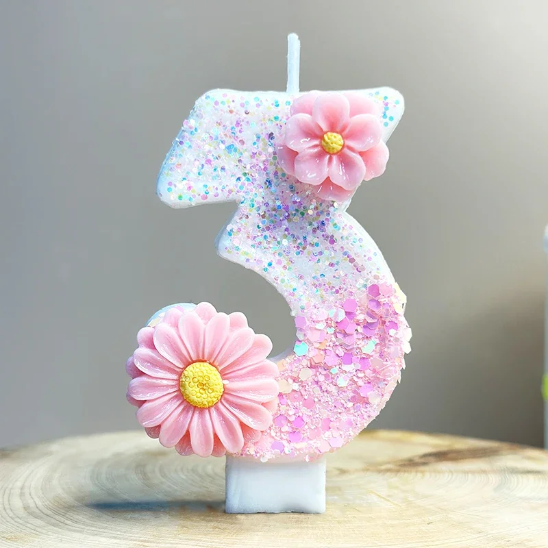 Bougie d'anniversaire pour gâteau, marguerite rose et blanche changeante, créative 0-9 fleurs, bougies numériques, décoration de fête d'anniversaire pour fille