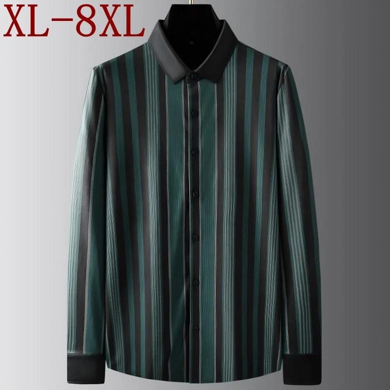 

8XL 7XL 6XL 2024 New Autumn Business Striped Shirt Men Clothing Long Sleeve Loose Mens Shirts High Quality Casual chemise homme