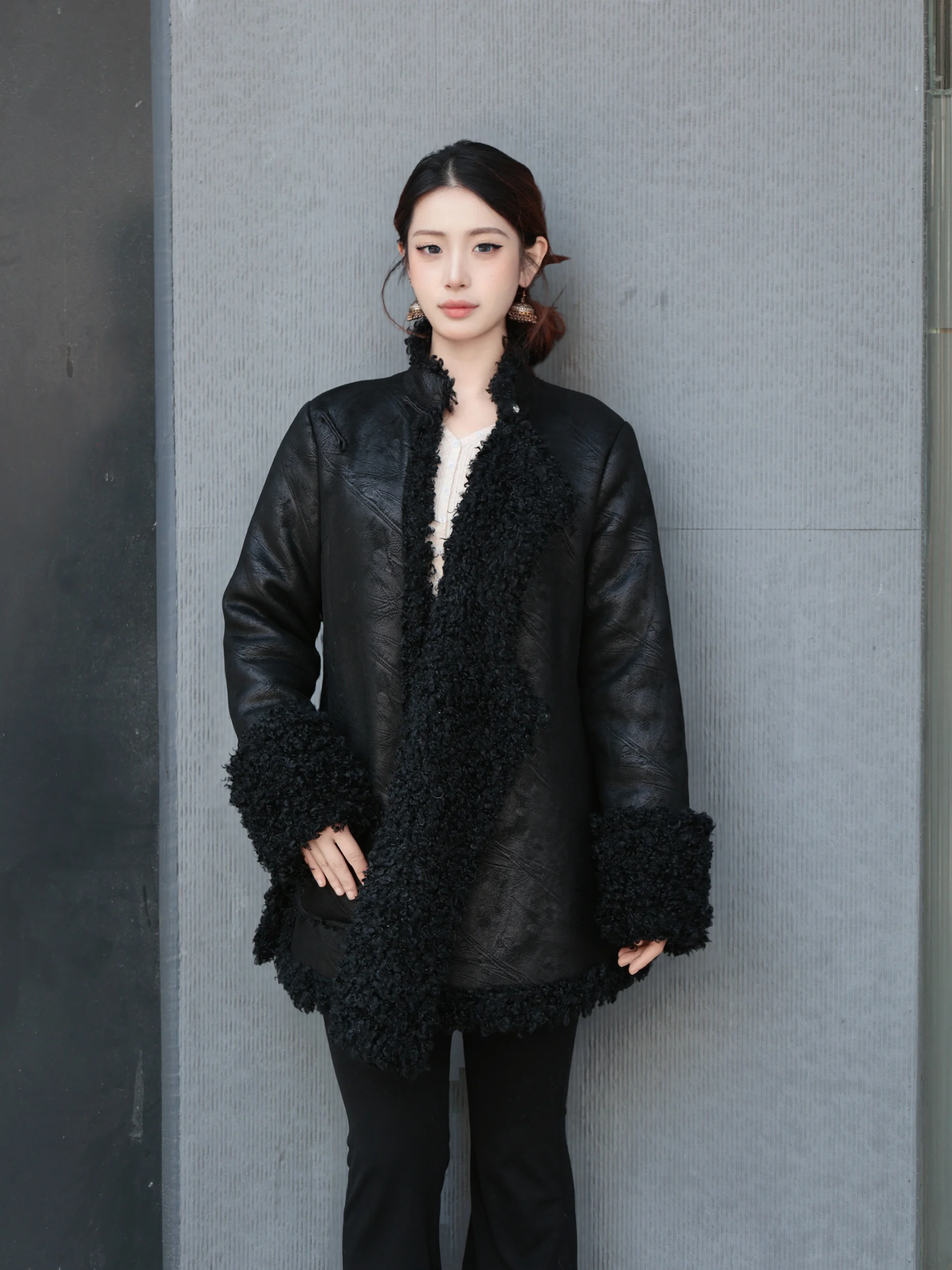 

Bla Chinese Retro Sle Thiened Fce Women's Cotton Jaet National Ethnic Sle Stand Collar Long Sve Single Button