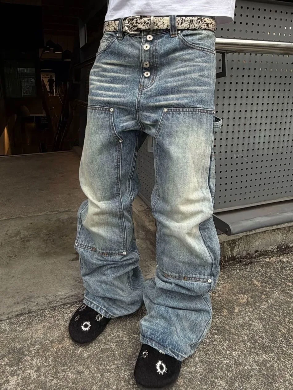 New 2026 American Retro Washed Blue Jeans Men Women Wide Leg Floor-Length Pants Slimming Double Knee Logging Pants
