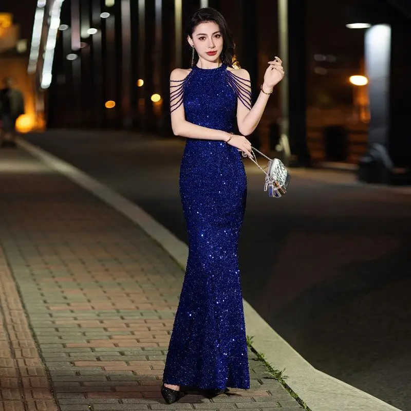 

New 202 Spring Summer Sexy Chain Strap Long Sequin Bodycon Dr mid Waist Evening Gown Women's Faion Ele Cotail Dr