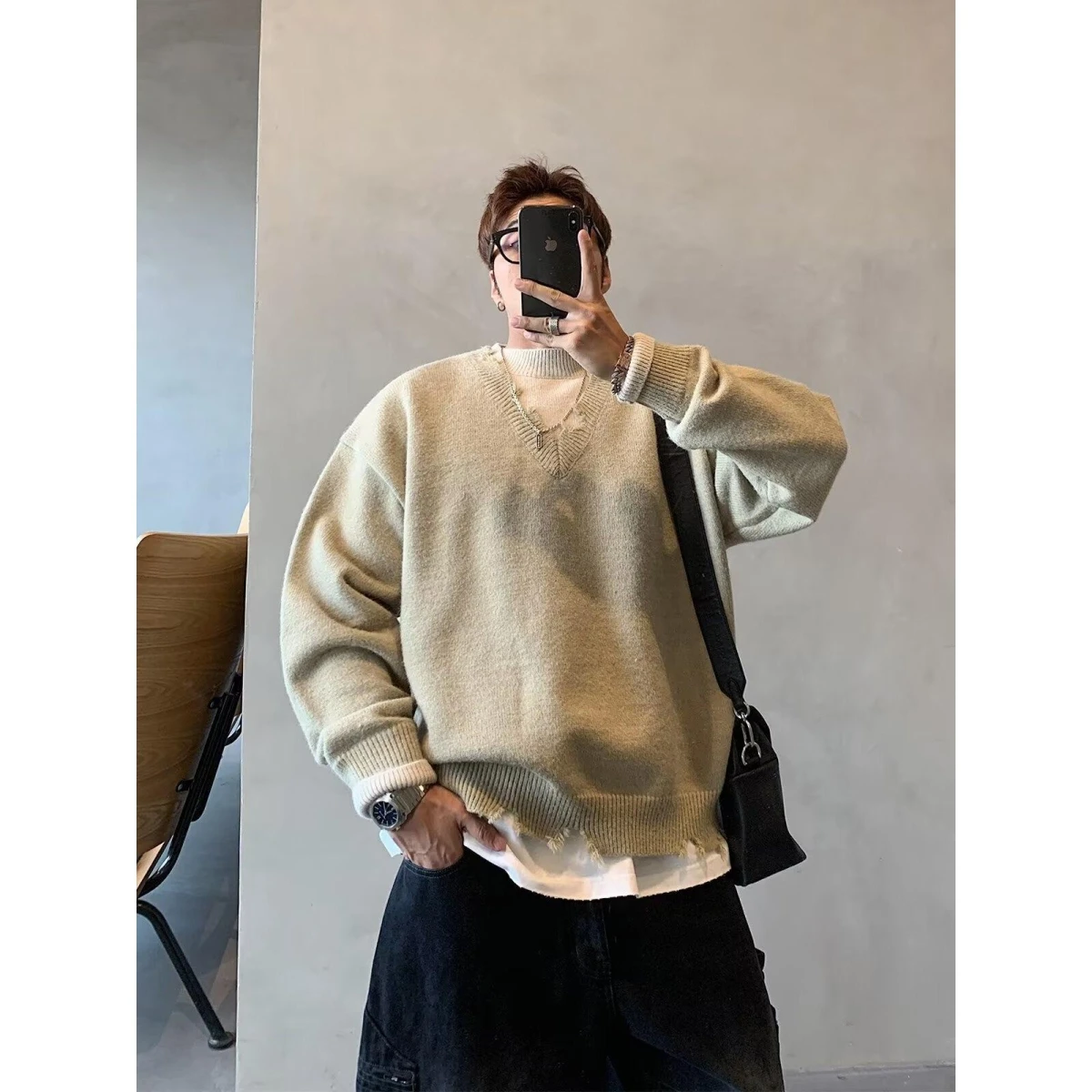 

Spring New Sle Men's round Ne Long Sve Knitted Loose Elastic Splicing Fake Two-Piece Color Base Sweater