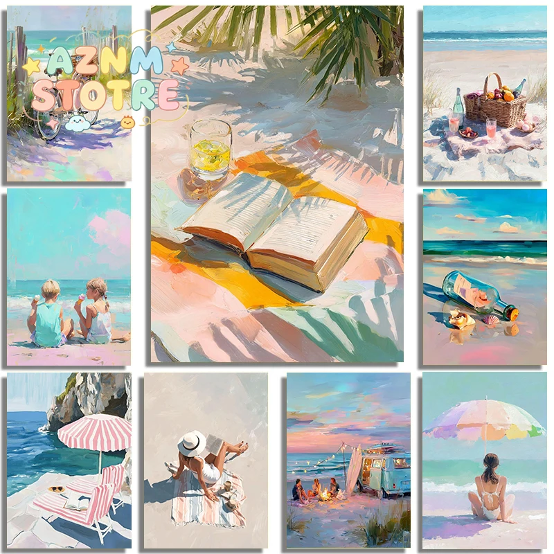 Blue And Refreshing Summer Seaside Vacation Scenery Art Poster Canvas Print Coastal Villa Homestay Bedroom Corridor Wall Deco