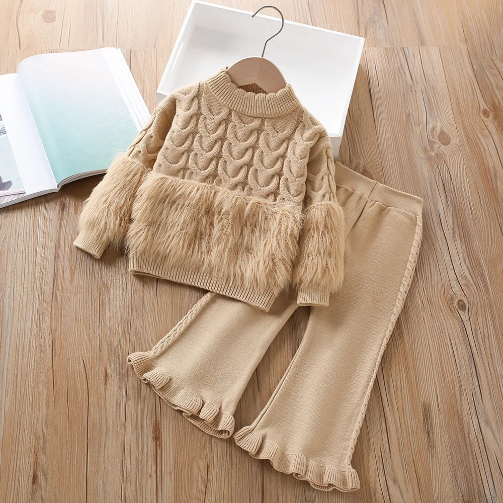 

Autumn Winter Sweater Sets For Children Fashion Korean Solid Color Knitted Tops+Pants Two Pieces Sets Casual Kids Girl Clothes