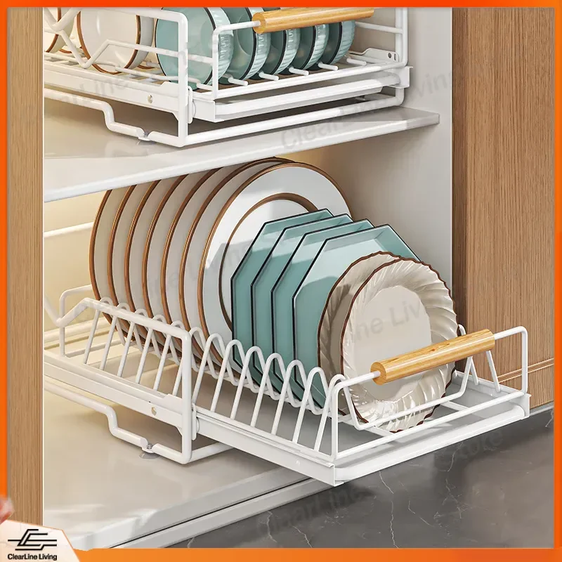 50cm Double Layer Pull Out Dish Rack for Kitchen Cabinets with Drain Function Storage Organizer for Plates Bowls Dishes