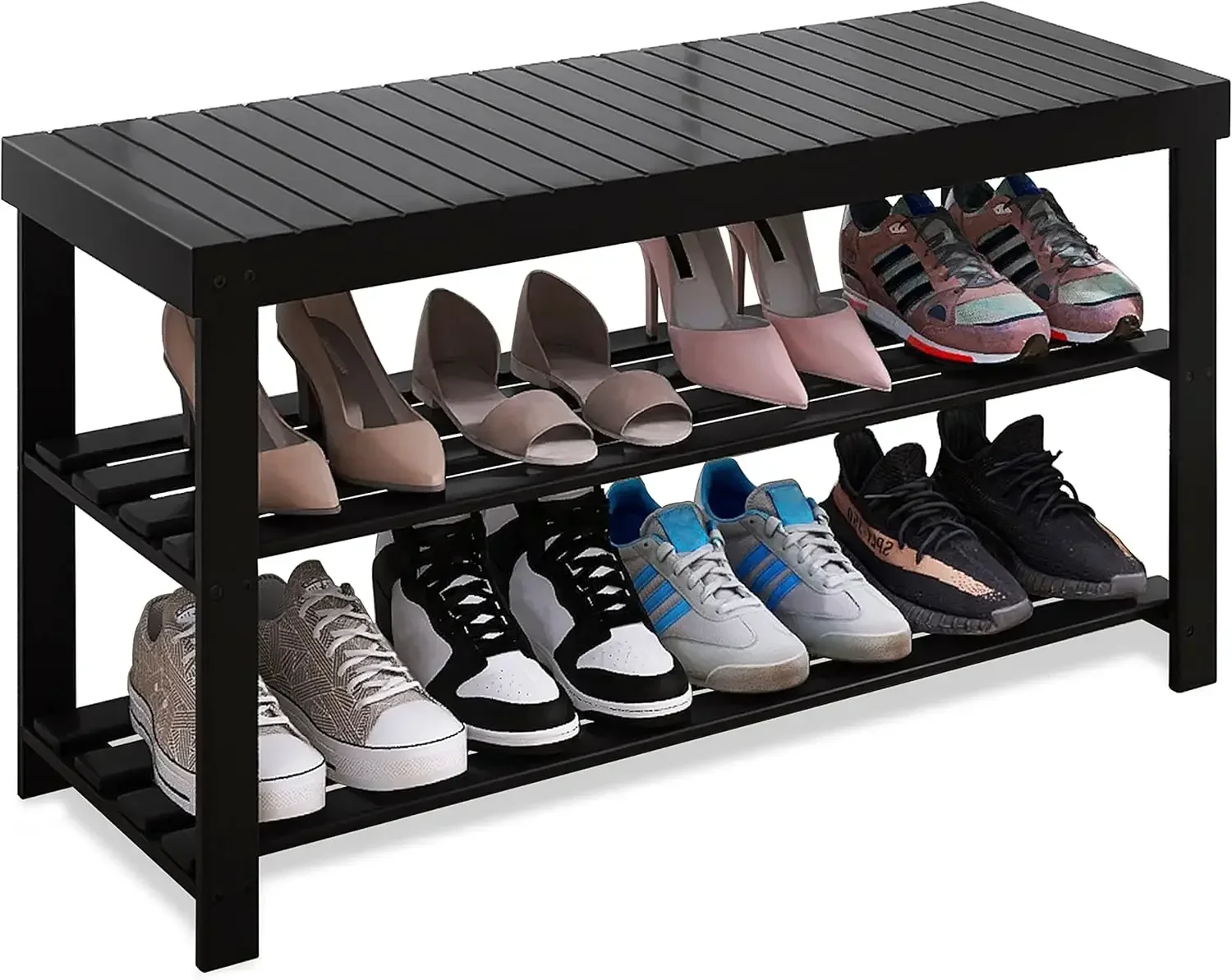 

Bamboo Shoe Rack Bench, 3-Tier Shoe Organizer Storage Shelf for Entryway Hallway Bathroom Living Room (Black)