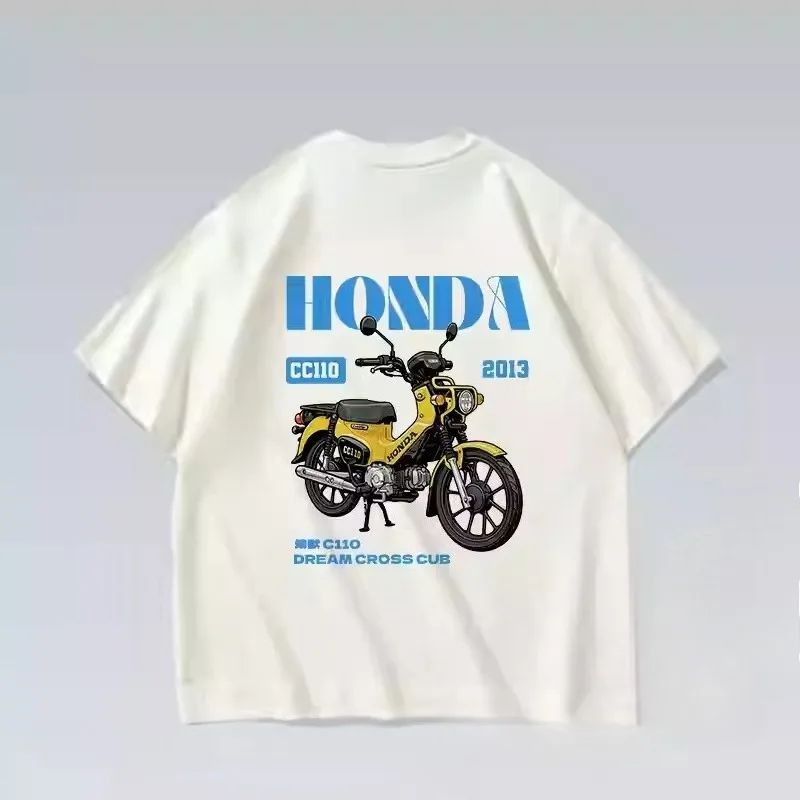 

2025 Honda Young Beast Vintage Motorcycle Off The Shoulder Washed Print Original T-shirt Is Versatile for Both Men and Women Top
