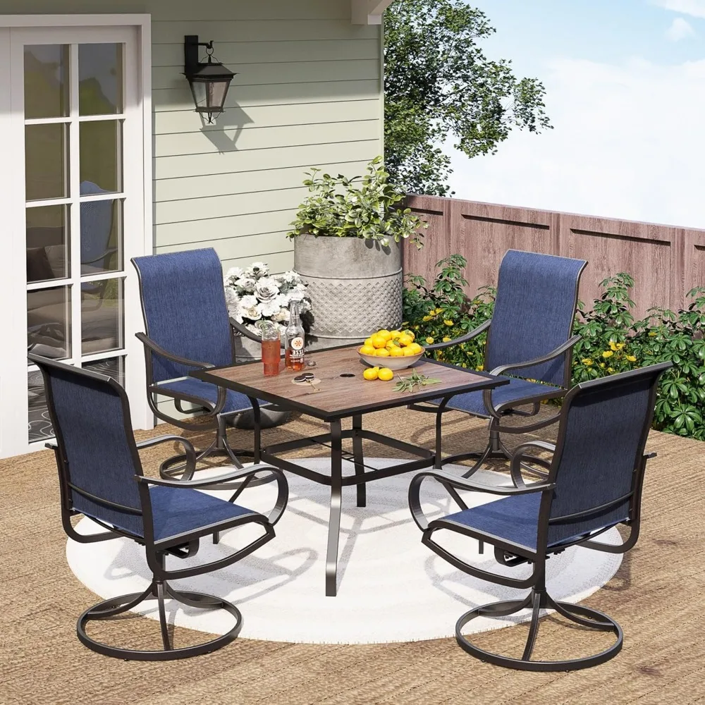 

5 Piece Outdoor Patio Dining Set with 4 Swivel Dining Chairs & 1 Wood-Like Dining Table, All Weather Blue Textilene Mesh Fabric