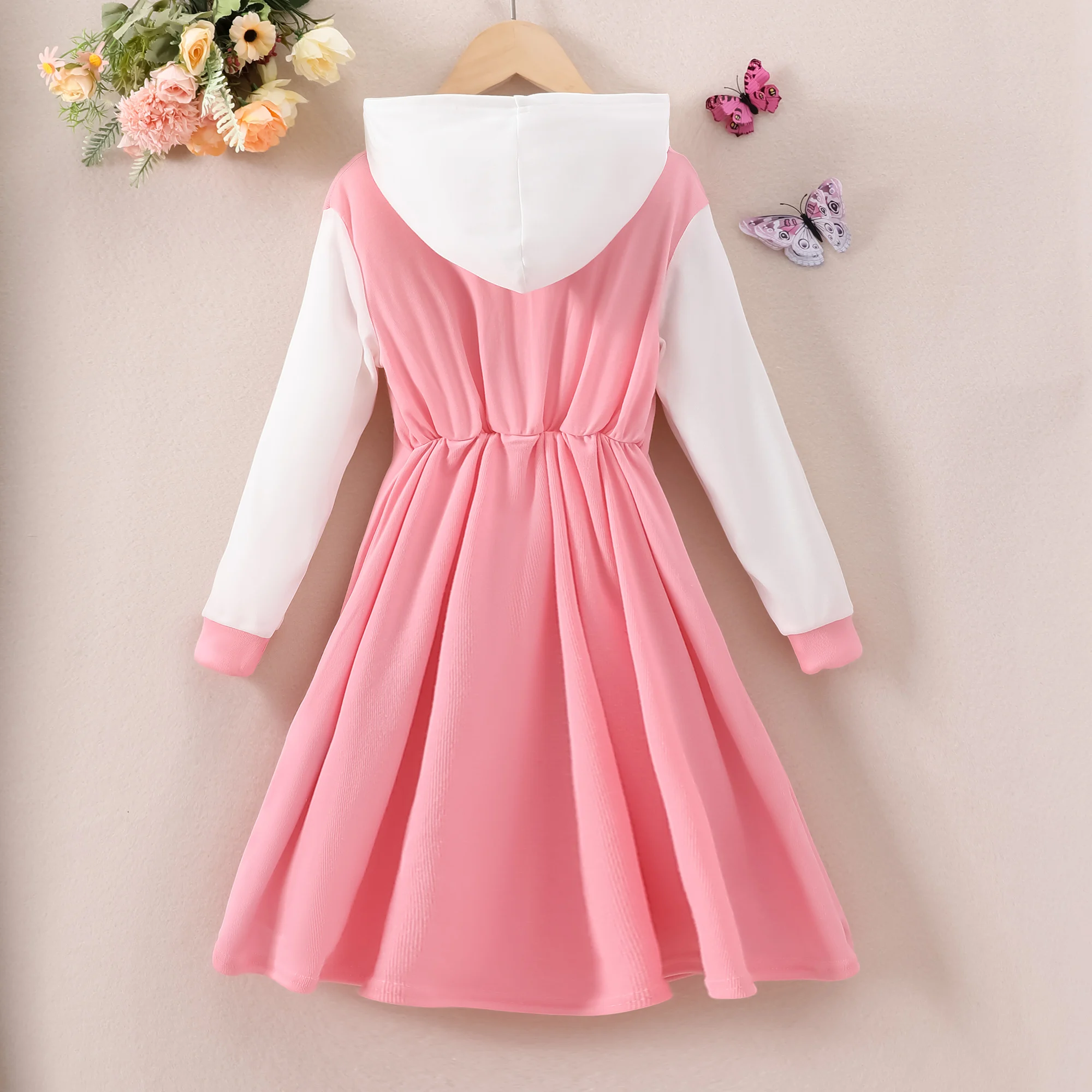 2023 الخريف الشتاء ملابس أطفال الفتيات طويلة الأكمام مقنعين رسالة التباين اللون فستان عادية فساتين بسيطة 8 9 10 11 12 سنة