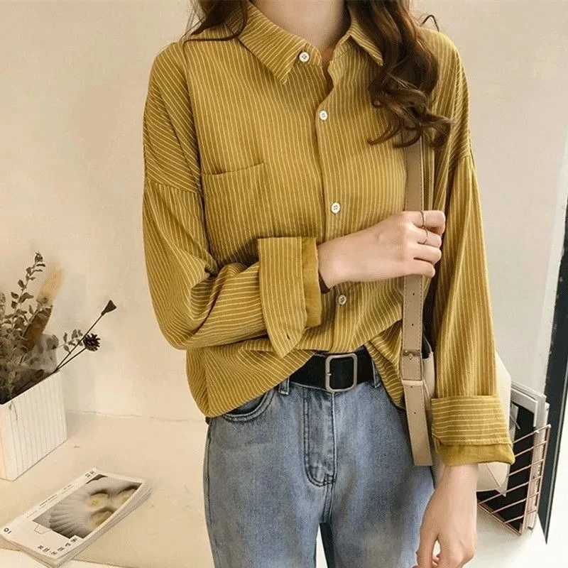 

Новый женский полосатый кардиган большого размера, блузка, куртка, весенне-осенняя модная свободная дышащая рубашка с длинными рукавами, топы, пальто