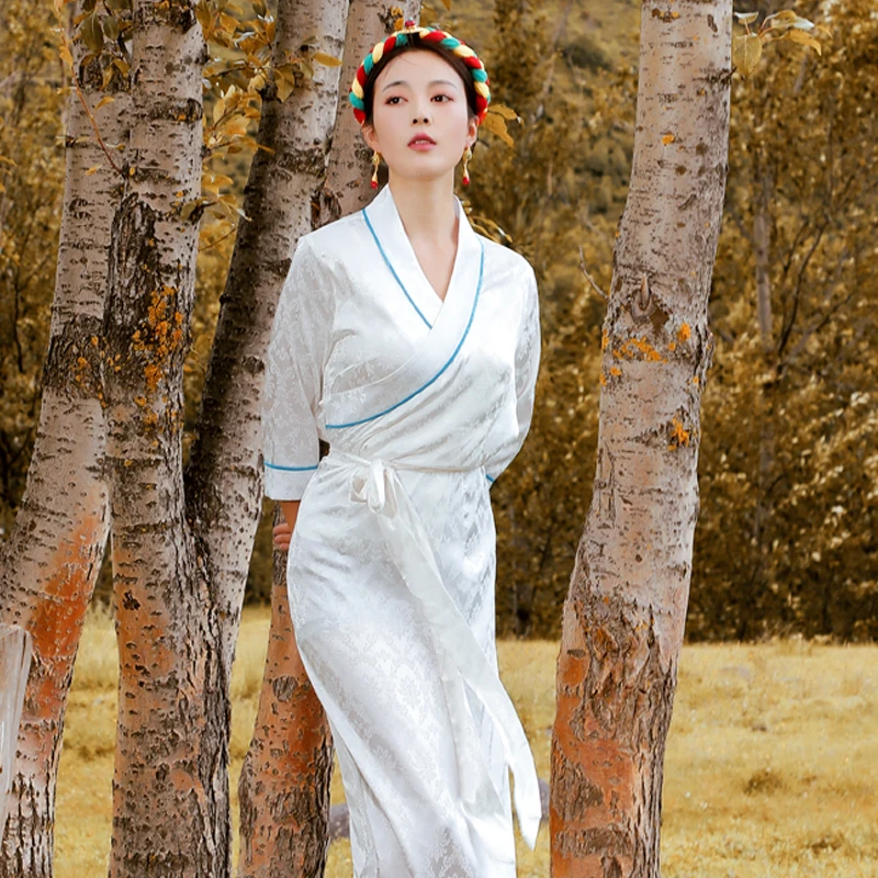 Tibetan Long Dress Solid Color Skirt New Spring and Autumn White Lhasa Tibet Clothing Women's Style