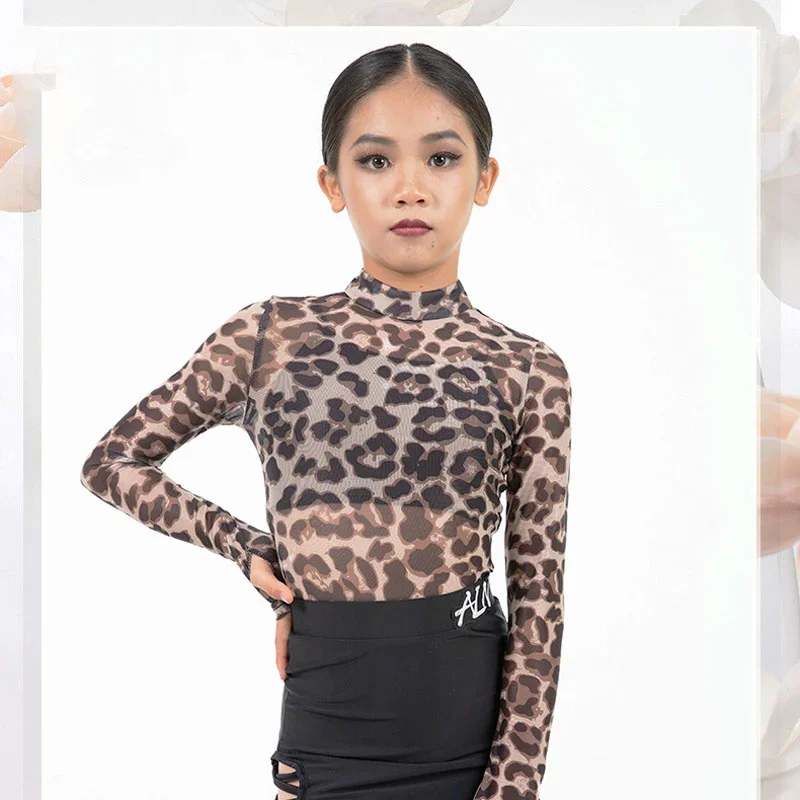 Children's Dance Autumn Latin Long Sleeve Stage Costume Skirt Girls' Suit Leopard Print Lightweight Elastic Tassel Short Skirt