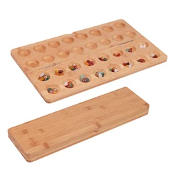 Bamboo Mancala Board Game Set, Folding Wooden Board Chess with 65 Multi Color Stones, Strategy-Based Board Game