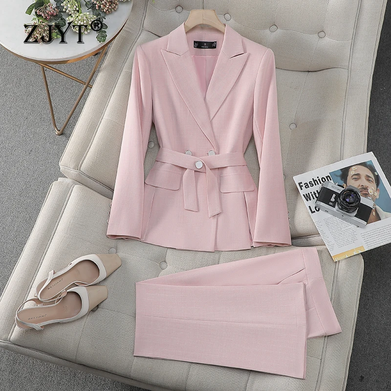 ZJYT Korean Fashion Belted Blazer Suits Pant Sets 2 Pieces Women Conjunto Para Mujeres Work Wear Trousers Sets Office Outfit