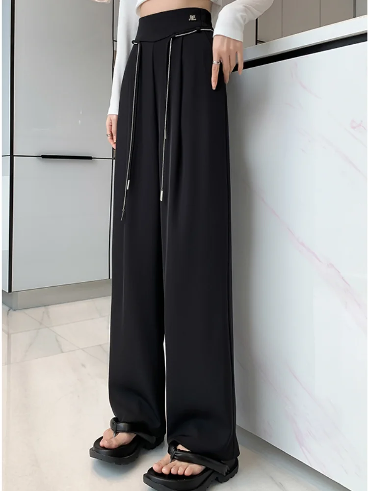 2023 Summer New Women\'s Fashion Temperament Solid Color Drawstring High Waist Casual Straight Loose Dragging Wide Leg Pants