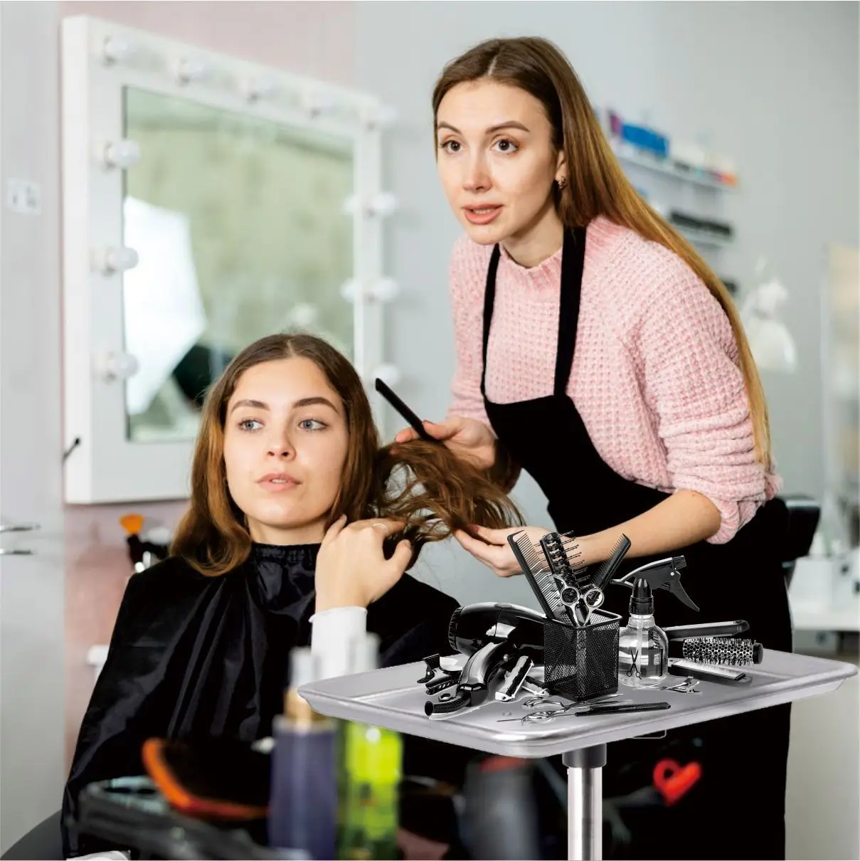 Producent hurtowy półek aluminiowych do przechowywania narzędzi fryzjerskich z podwójną tacką, pionowy wspornik podnoszony.