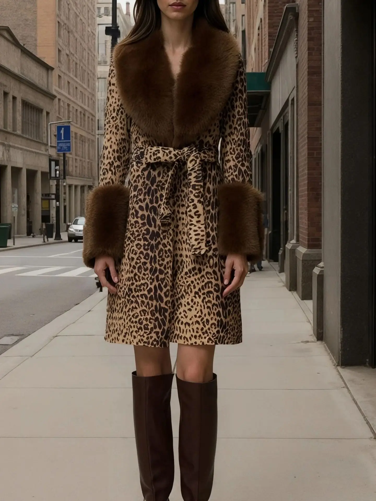 

Winter New Leopard Print Faux Mink Coat Fashion Temperament Long Thicken Warm Fur Collar Fur Overcoat High End Women Jacket