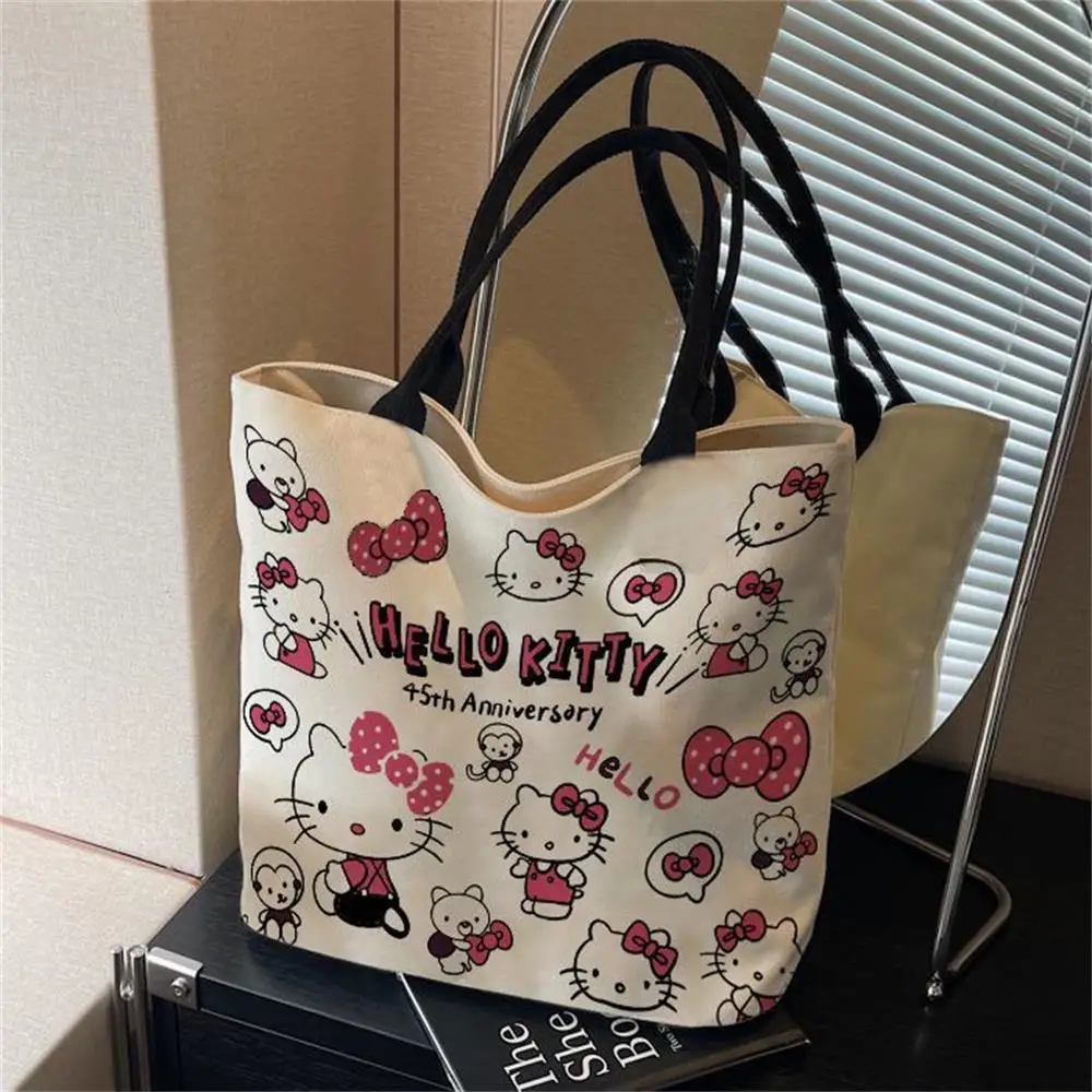 

Hello Kitty Pattern Japanese Cartoon Canvas Bag for Women 2026 Thickened New Large Capacity Handbag Student Commuter Single Shou