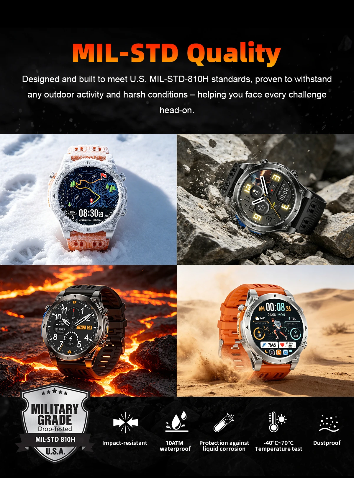 Neue T-RX 4 Militär-GPS-Smartwatch für Herren, 6 Satelliten, präzise Positionierung, 10 ATM wasserdicht, HD-Anruf, 170+ Sportmodi, LED-Taschenlampe – Detail 8