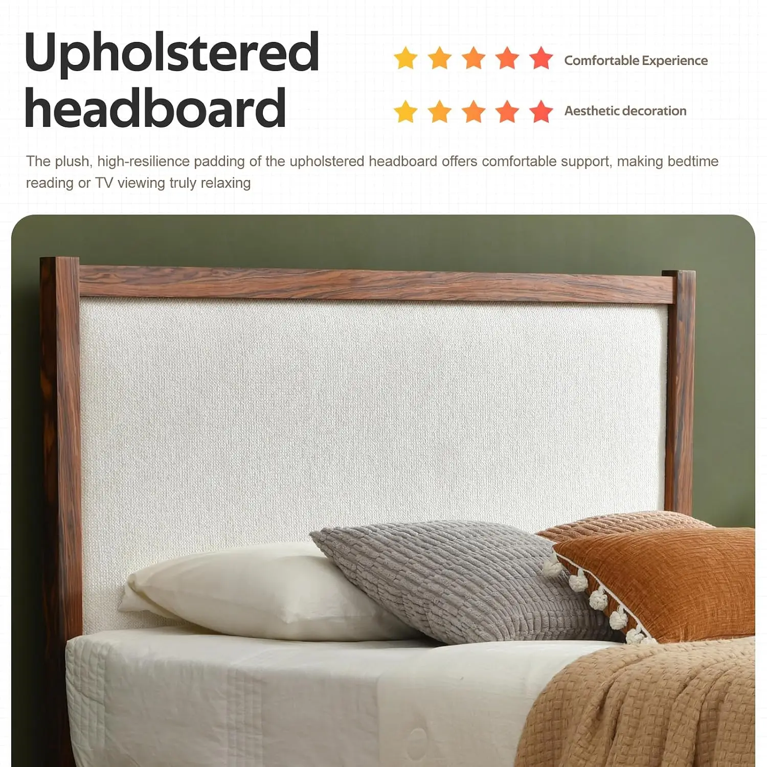 Queen Size Upholstered Platform Bed Frame with Wood Trim Headboard | Cream Queen bed frame/Linen Fabric, Customized - view 5