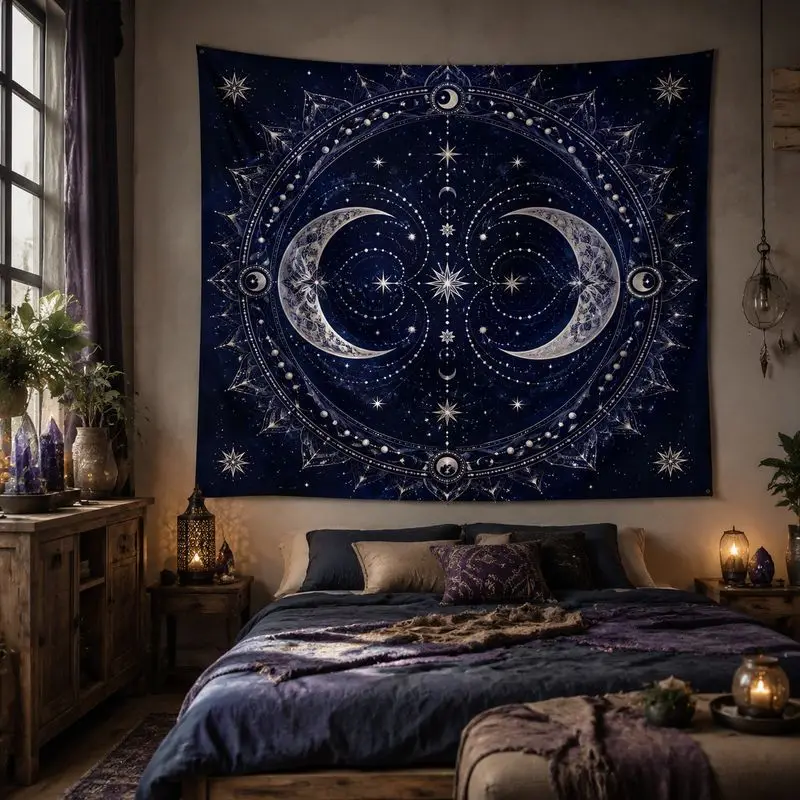 VIKAMA Deep Blue Double Moon Constellation Wall Tapestry Celestial Witchy Mystic Star Home Decor Farmhouse Soft Durable Cozy