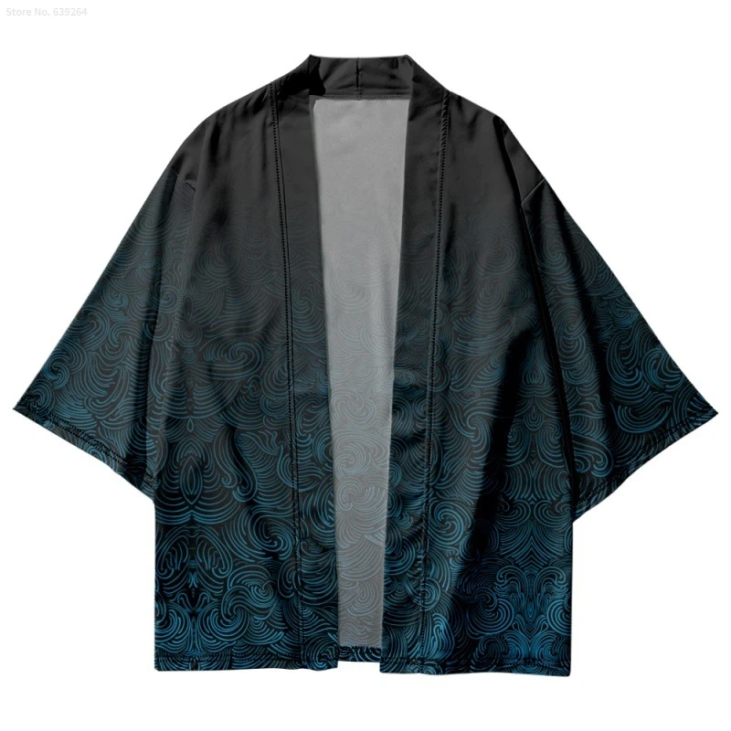 Plus Size 6XL Japanese Kimono Vintage Gradient Geometry Print Cardigan Beach Yukata Streetwear Men Women Haori Robe Clothes