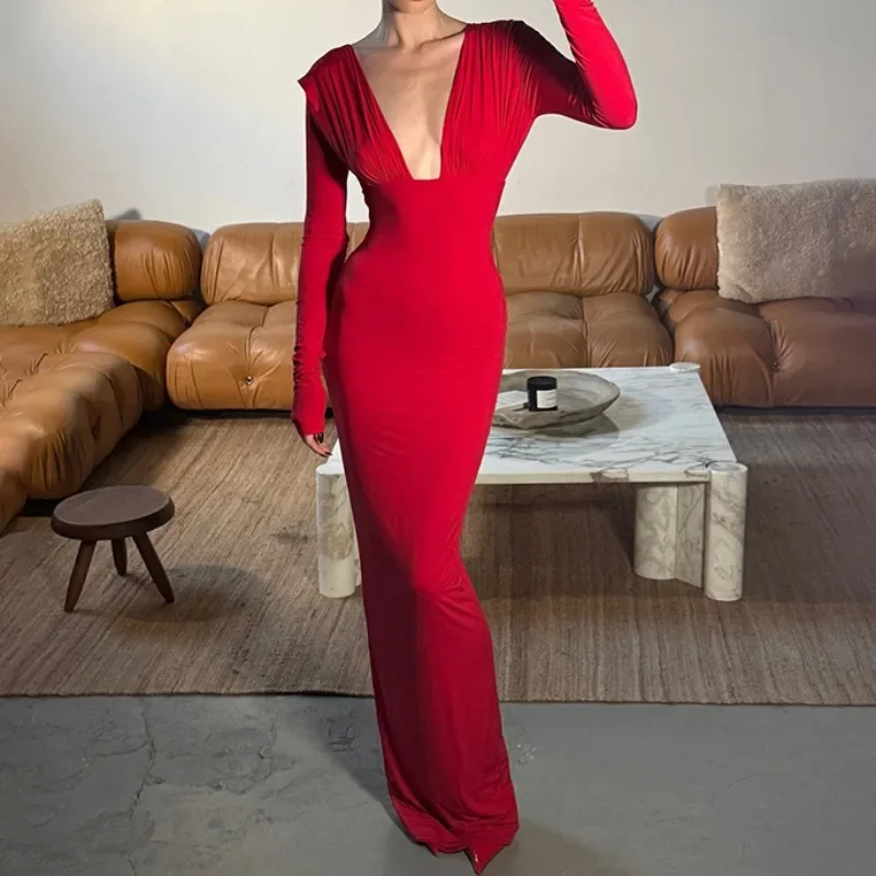 

Women Elegant Sexy Bodycon Maxi Party Dress Pleated Deep V-neck Full Sleeve Backless Empire Evening Gown Birthday Long Robe