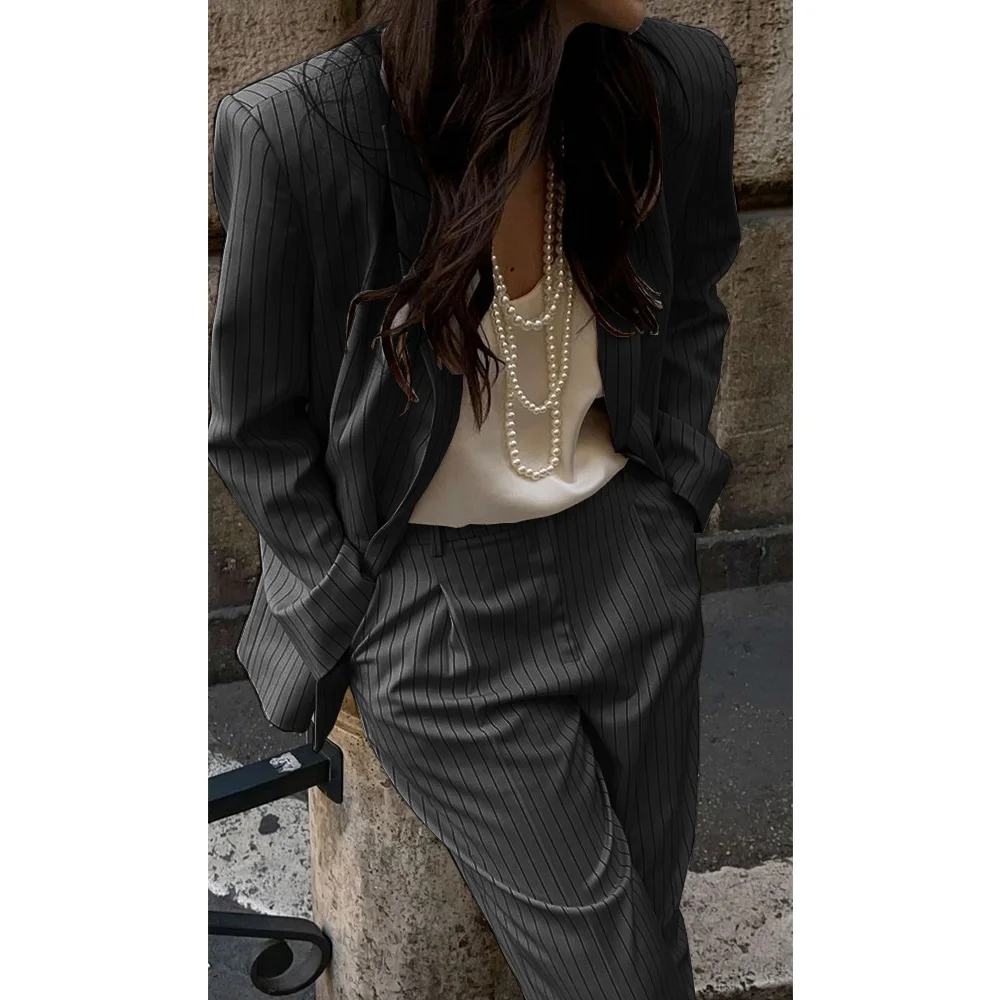 Women\'s Suit Striped Two-piece Slim Single-breasted Casual Fashion Suit Christmas Work Wear Women 2 Piece Set Outfit Winter Sets