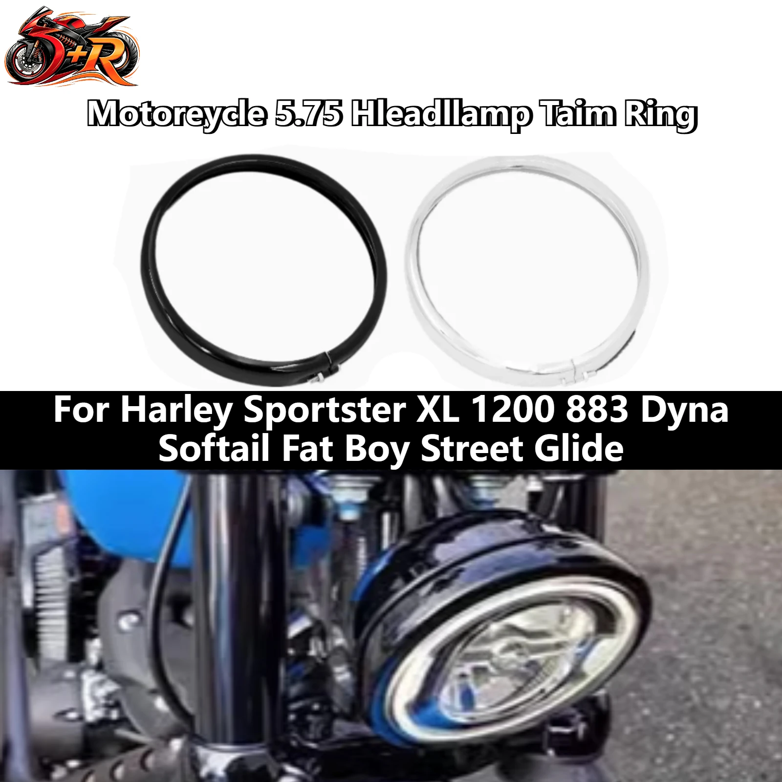 

For Harley Sportster XL 1200 883 Dyna Softail Fat Boy Street Glide Motorcycle Black/Chrome 5.75'' Headlight Headlamp Trim Ring