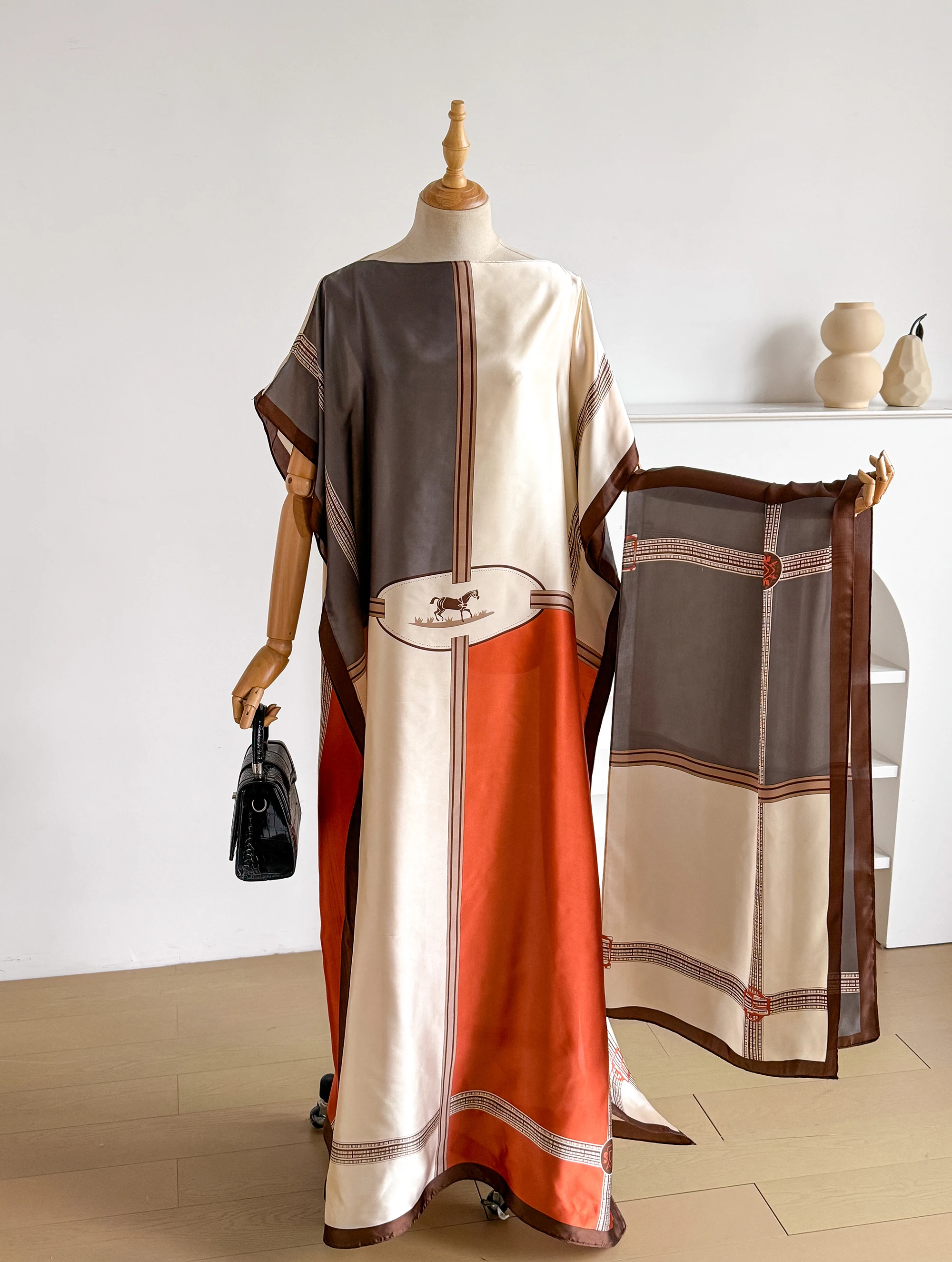 New Summer Fashion Women's Kaftan Dress with Big Scarf Loose Abaya Muslim Casual Print Shawl Robe African Style Dubai Turkey image 2