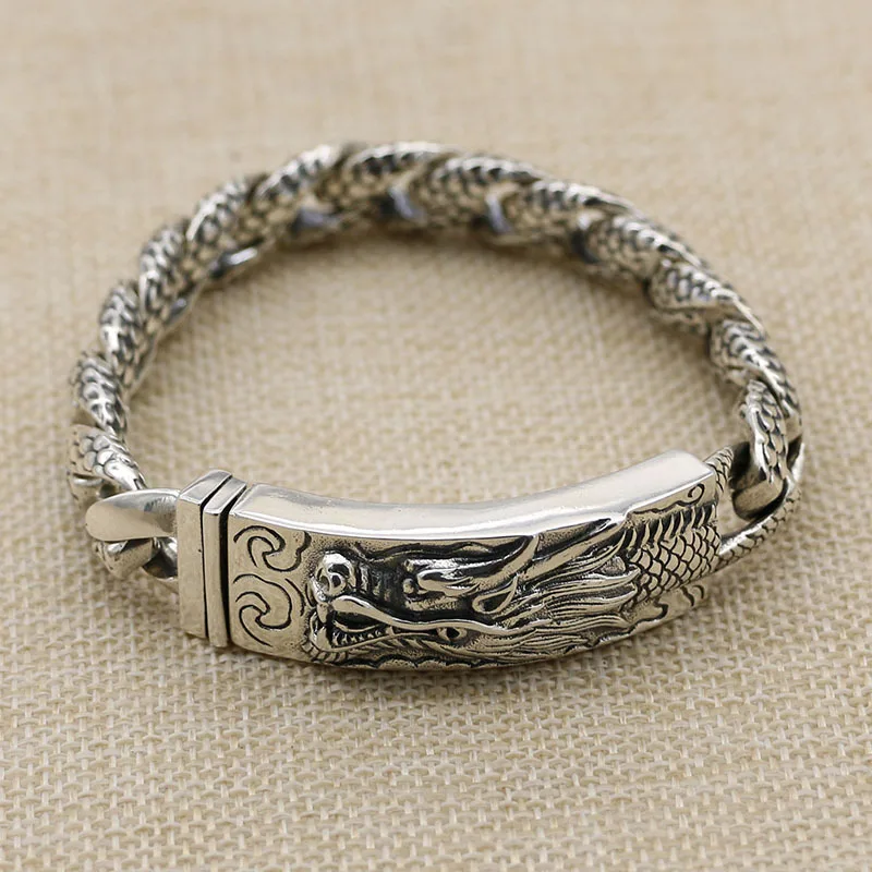 

S925 Sterling Silver European and American Vintage Head Dragon Pattern Bracelet Men's Personality Trend Thick Wide Face Grand Th