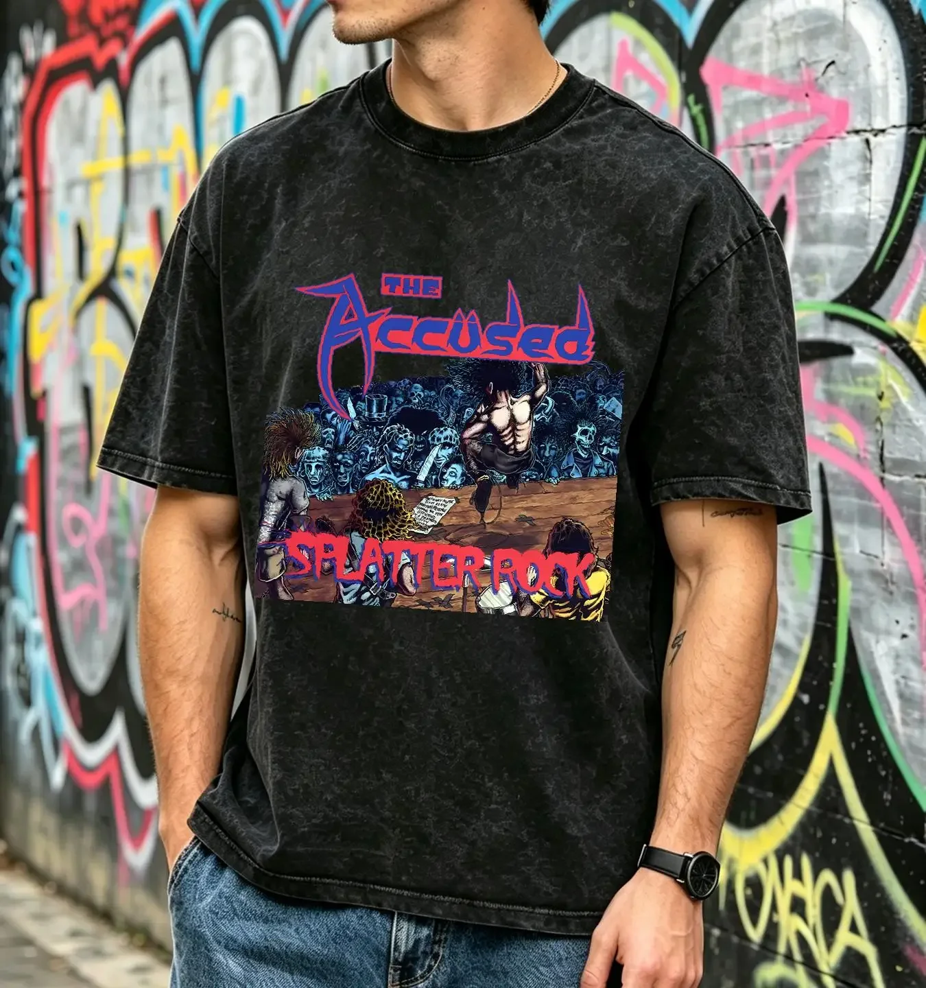 washed T Shirt The Accused Splatter Rock v2 black hardcore metal all sizes S 5XL vintage Washed homme Stretched