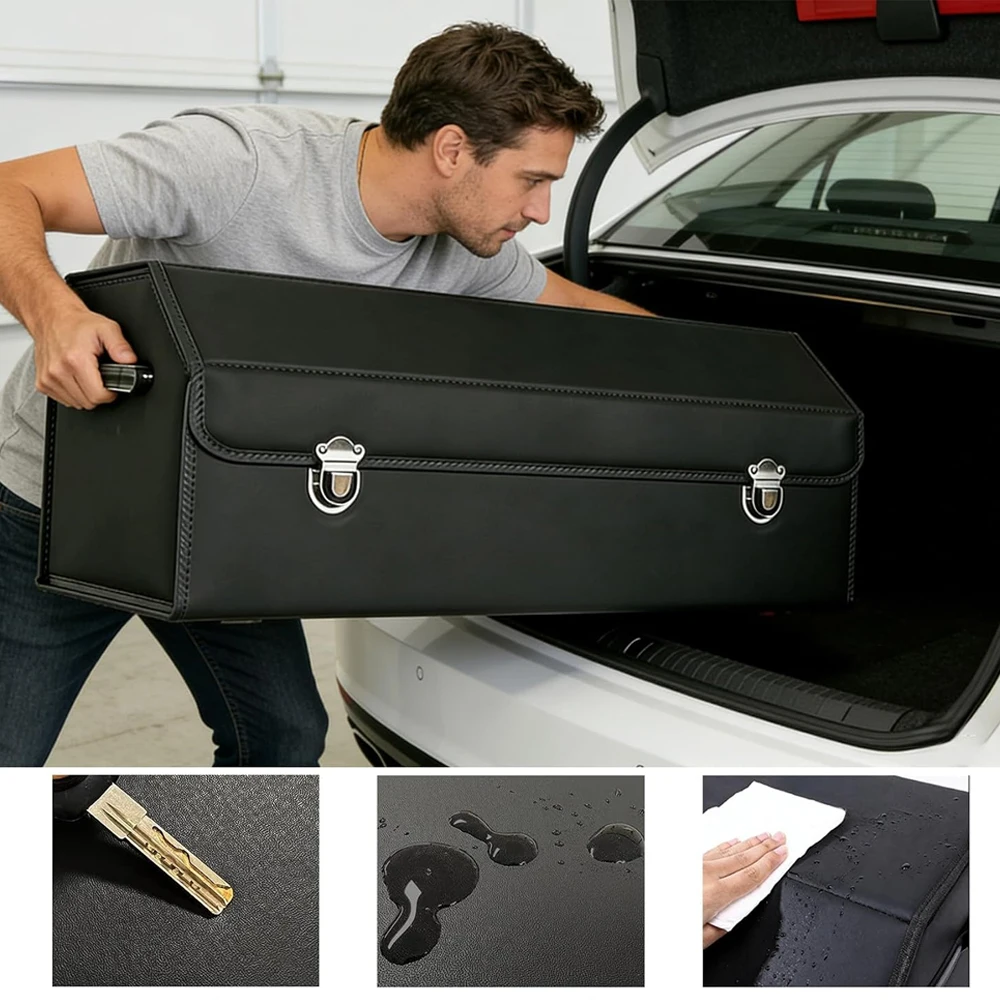 Organizzatore per bagagliaio auto in pelle PU, pieghevole, 75x30x29 cm, con divisorio rimovibile e base robusta, dotato di 4 separatori, adatto per SUV, berline e furgoni.
