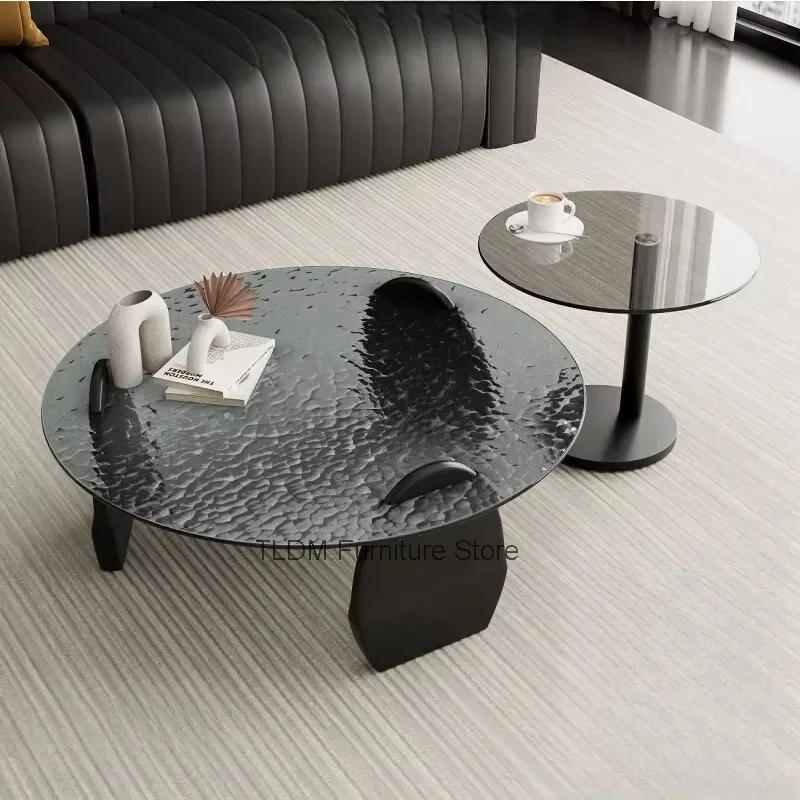 Modern Nested Round Coffee Table Hammered Glass Top Metal Base Living Room Center Table Home Furniture Decor
