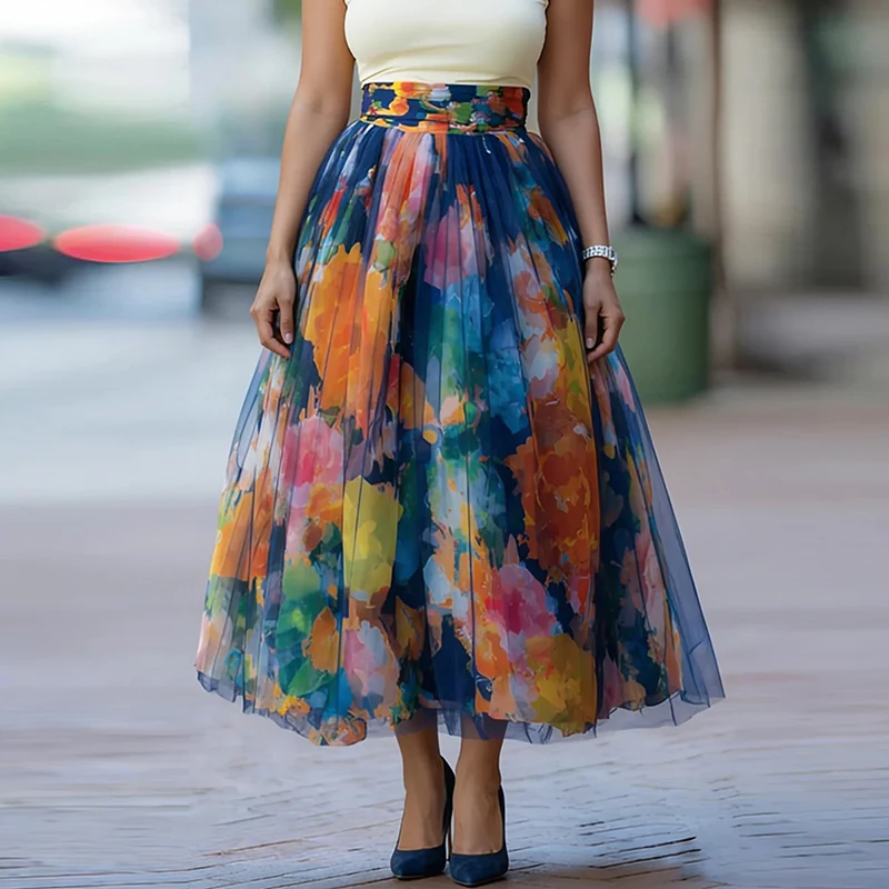 Chic Retro High Waist Pleated Beach Skirt New Fashion Contrasting Printed Half Skirt Casual Pocket Mesh Office Large Swing Half