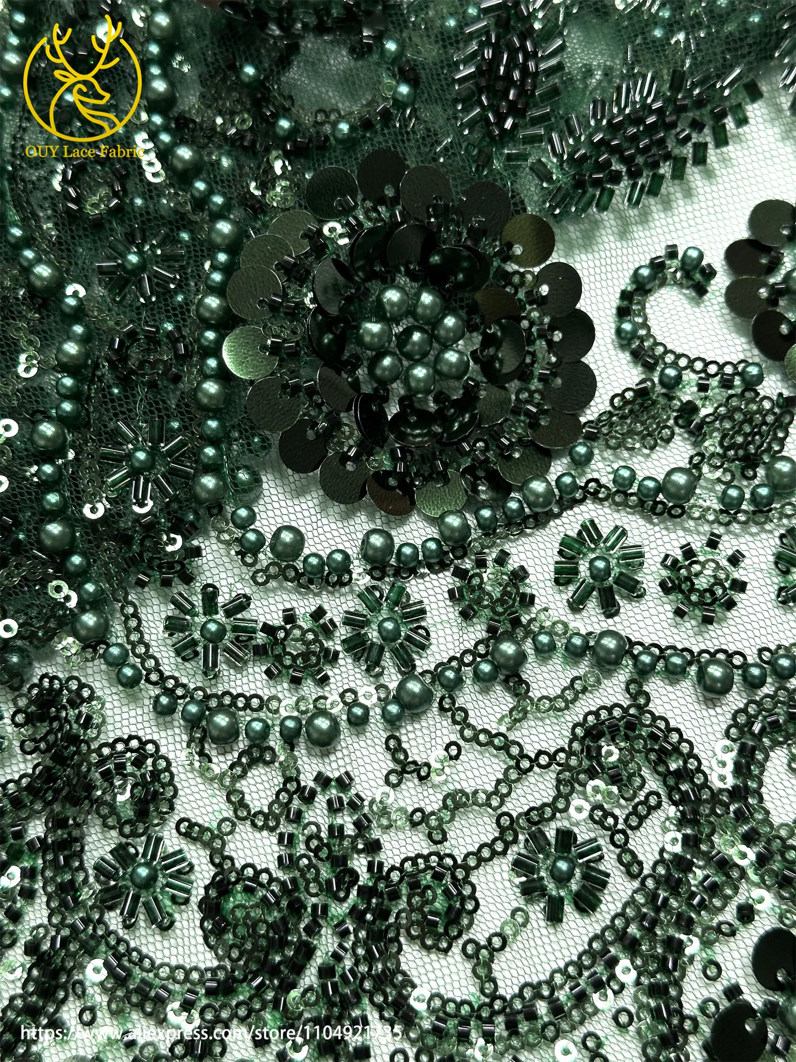 Grüner afrikanischer Pailletten-Perlen-Spitzenstoff 2026, nigerianischer französischer Mesh-Spitzenstoff, geeignet zum Nähen von Damen-Hochzeitskleidern – Detail 31