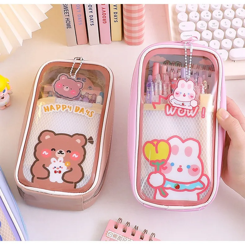 Kawaii Pen Bag Transparent Pen Bag Large Student Capacity Stationery Storage High Creative Stationery Pencil Box art Supplies