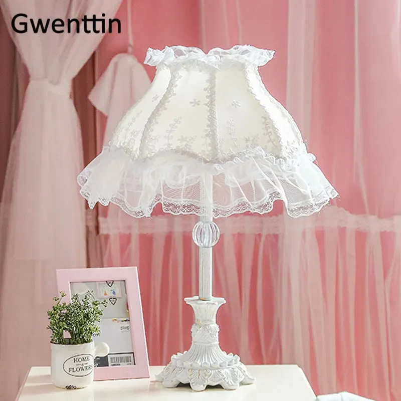 Nordic Lace Fabric Table Lamps Princess Girl Led Stand Desk Light for Home Wedding Decor Bedroom Bedside Lamp Lighting Fixtures