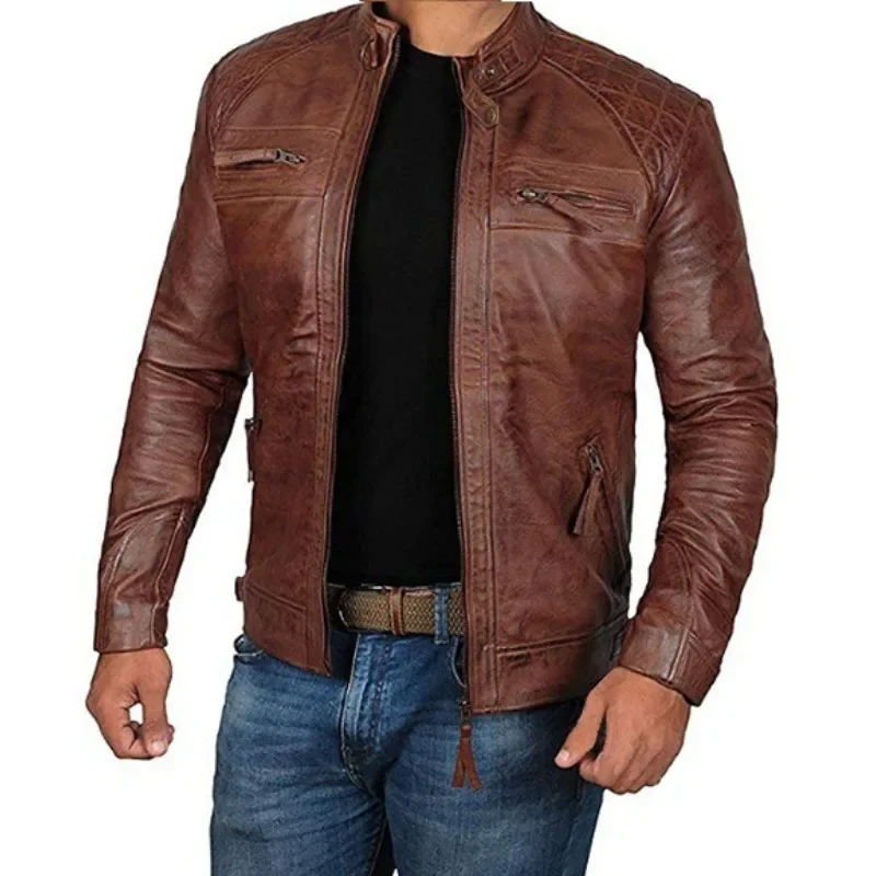 2024 Men Leather Jacket Teenagers Stand Collar Punk Men Motorcycle Leather Jacket Brown Leather Jacket