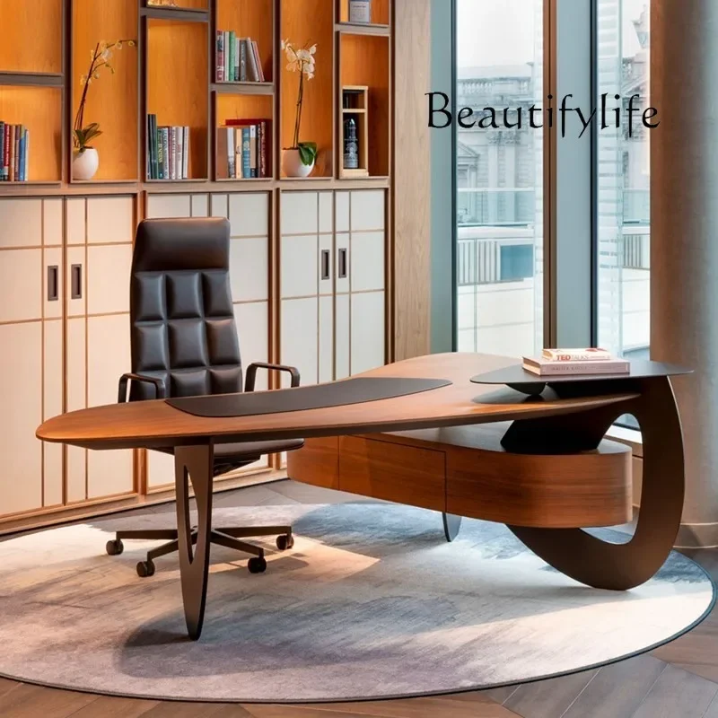 

Italian Minimalist Desk with Corner L Type High-End Walnut Color Executive Desk Light Luxury