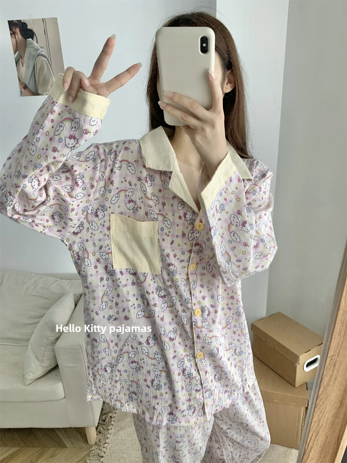 

Cute Cartoon Kit Spwear Women's Spring Autumn Thin Long Sve Collar Loose Home Clothes Two-Piece Set Comfortable C...