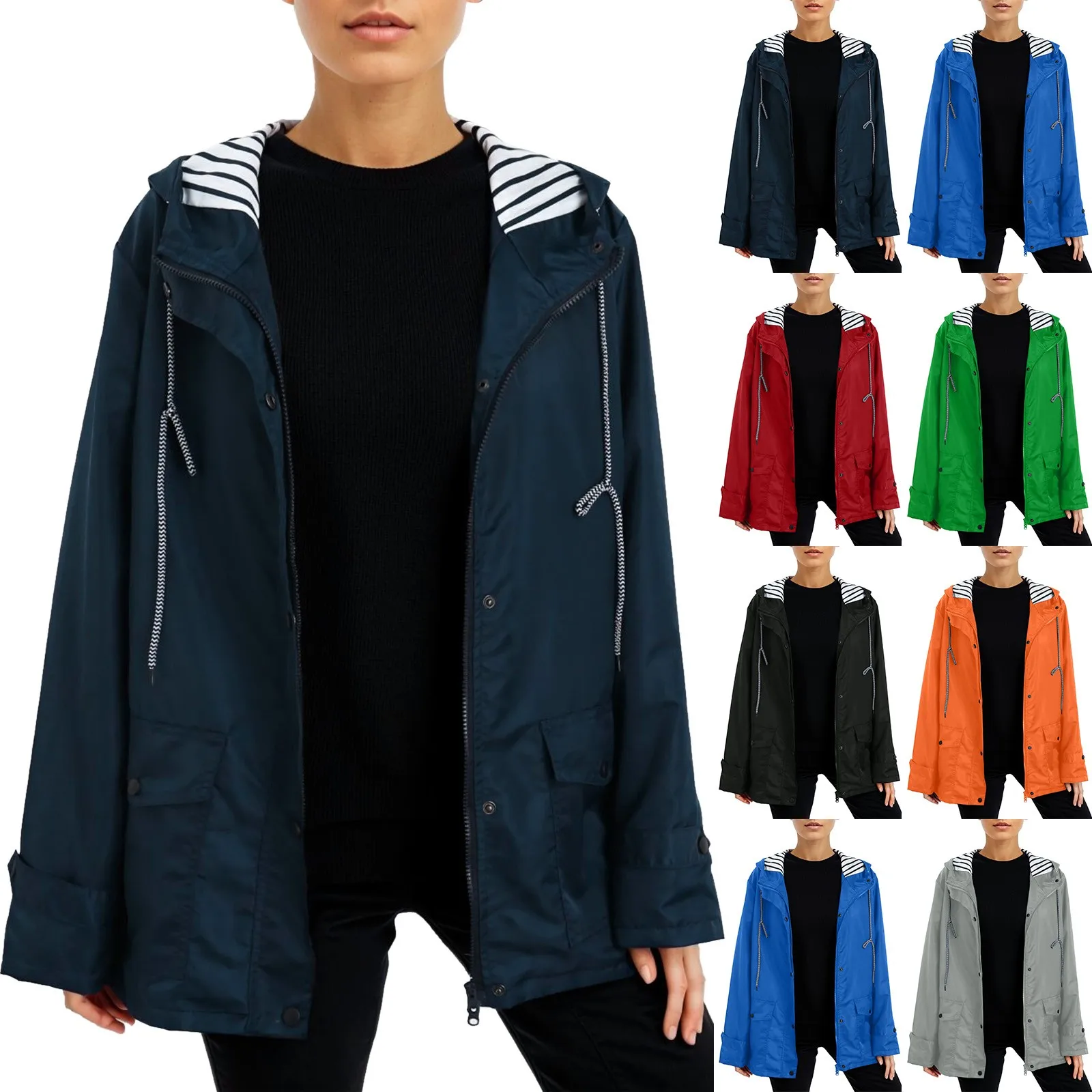 

Womens Waterproof Raincoat Casual Basic Outdoors Trench Lightweight Drawstring Jackets Hiking Clothes for Women