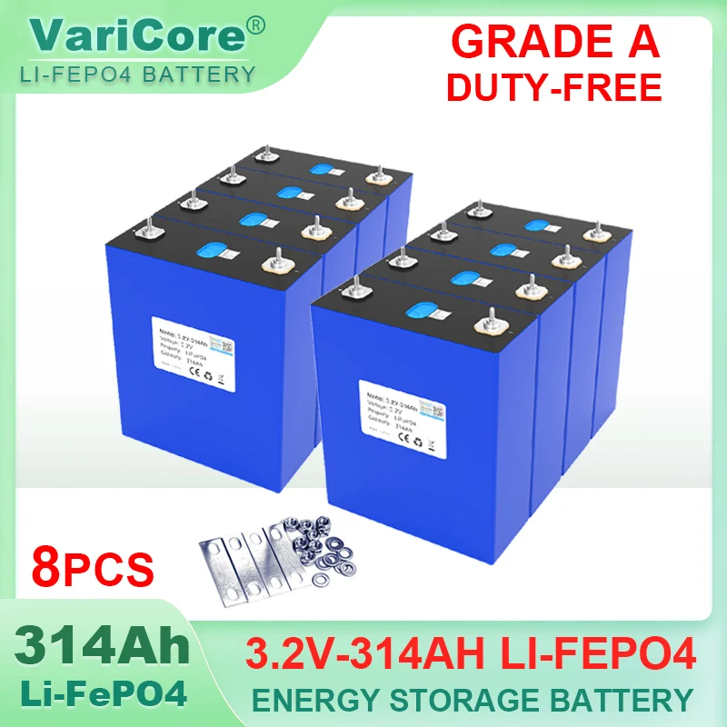 

8pcs Grade A 3.2V 314Ah Lifepo4 Rechargeable Battery Lithium Iron Phosphate Travel Solar RV Campers Cell 12v batteries Tax Free