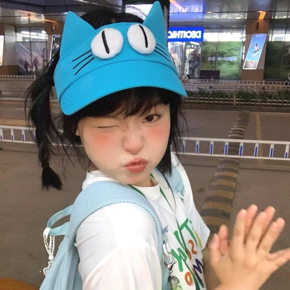 

Sun Protection Big Eyes Cat Visor Cap Adorable Creative Kitty Hollow Hat Quick-drying Fabric Funny Cat Ears Sun Hat Girls