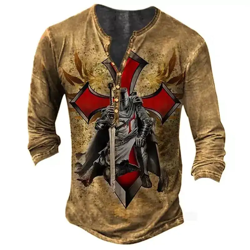 Vintage Men's T-Shirts 3d Print Crusader Knight Long Sleeve T Shirt Casual Henley Tees Oversized Top Tee Man Gothic Pullover